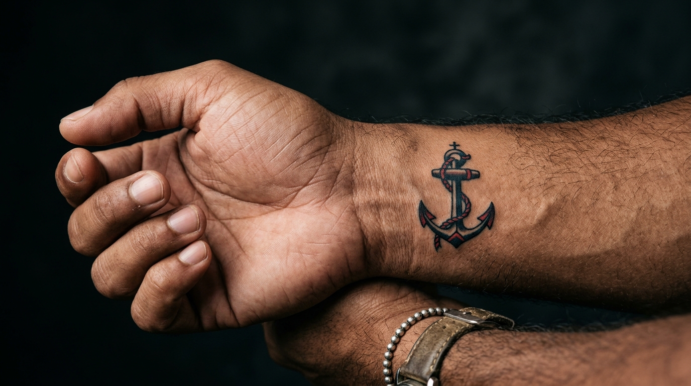 Мужская тату якорь на запястье в традиционном стиле