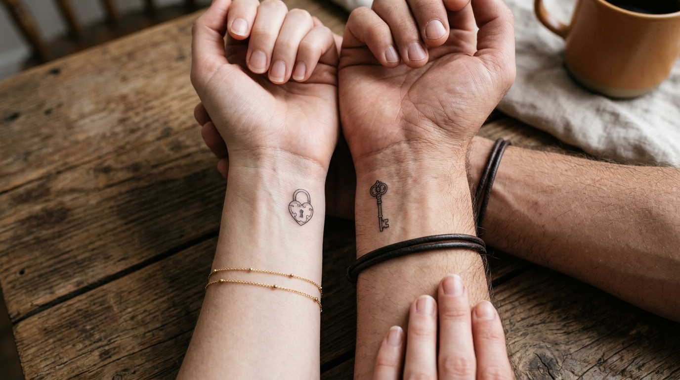 Парные тату замок и ключ на запястьях пары