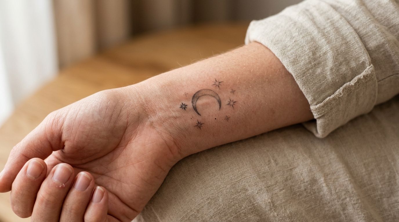 Тату полумесяц со звёздами на запястье в технике дотворк