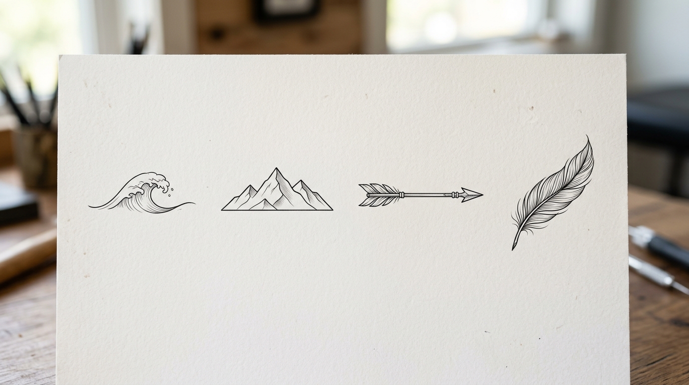 Эскизы тату на запястье с природными мотивами: волна, горы, стрелка, перо