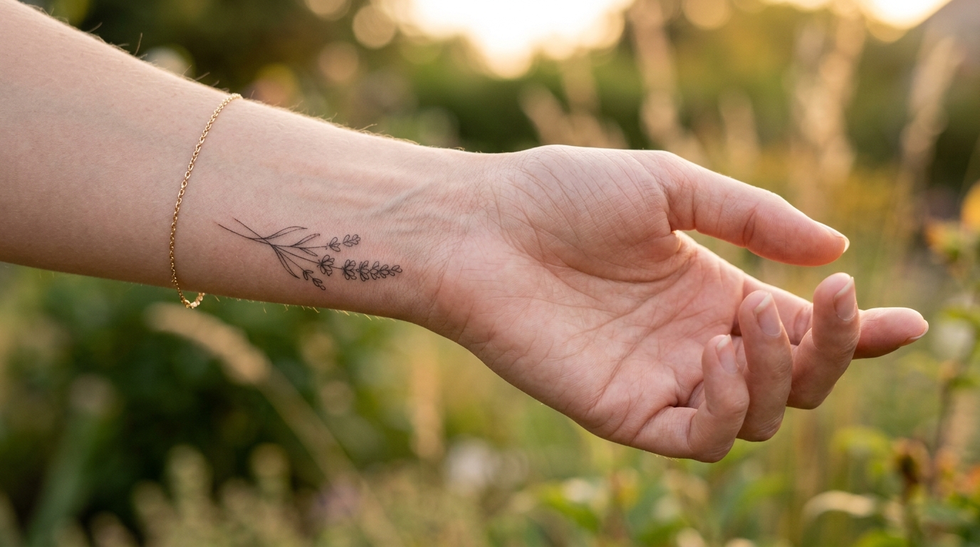 Тату лаванда на запястье девушки в стиле файн-лайн