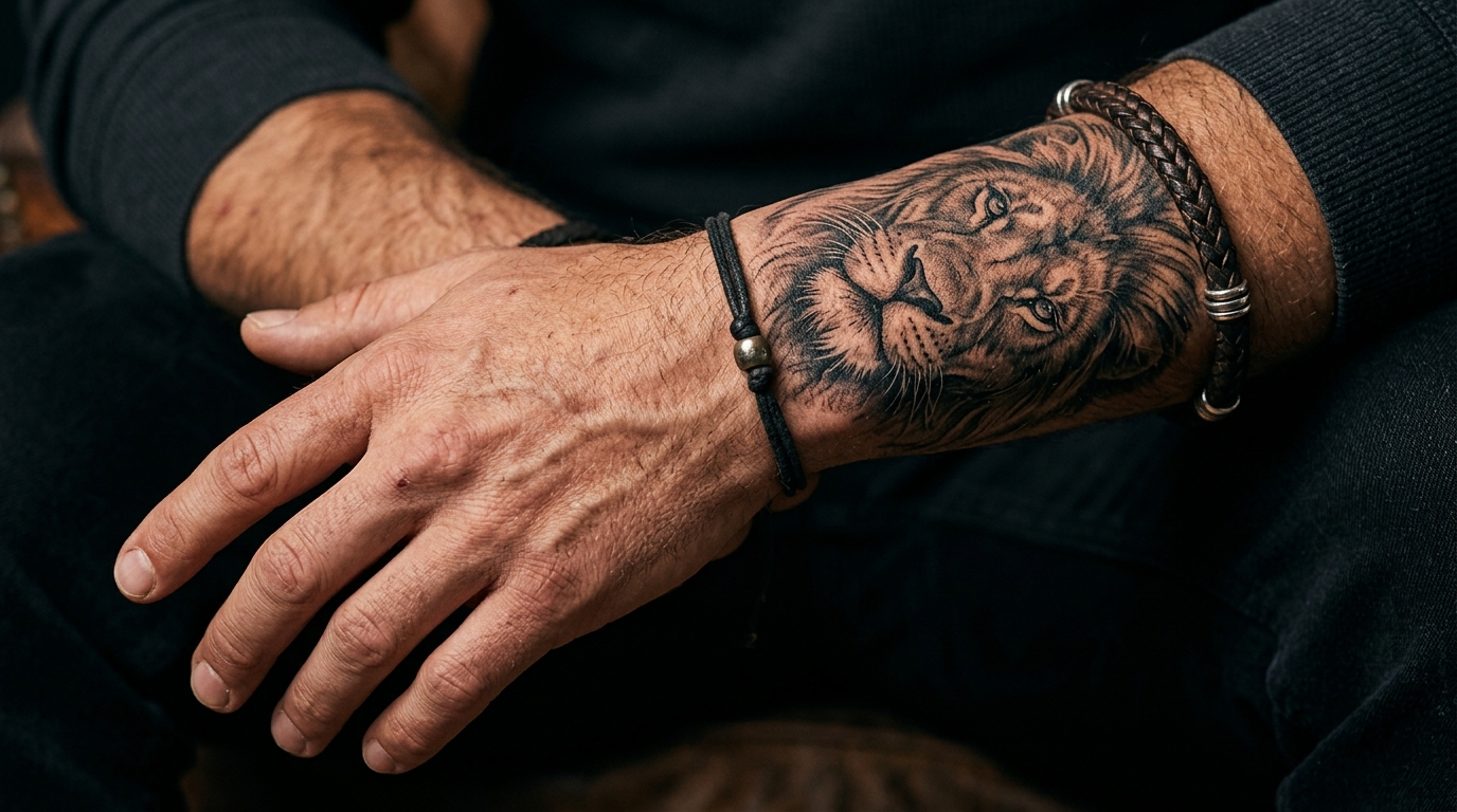 Реалистичная тату льва на запястье у мужчины