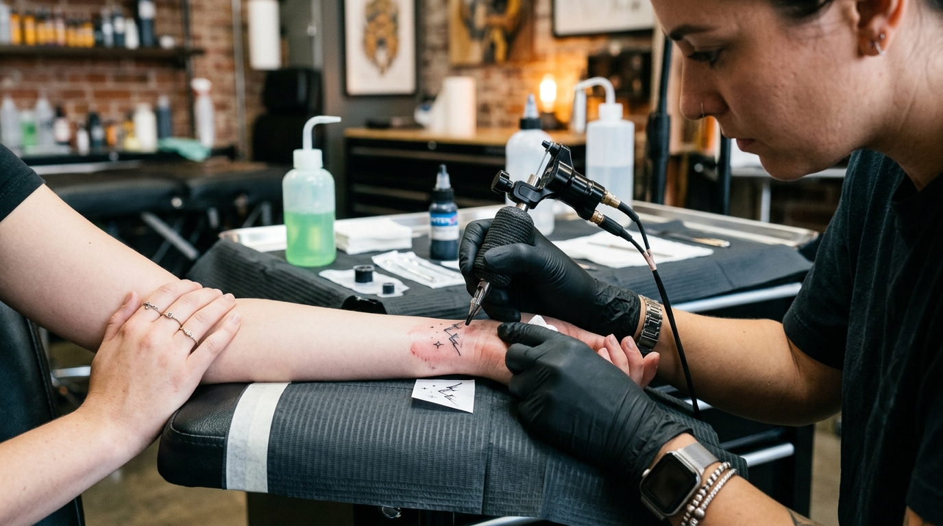 Процесс нанесения тату на запястье в тату-салоне