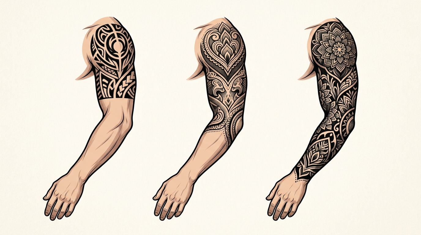 Сравнение трёх видов тату рукавов: четверть, половина и полный рукав