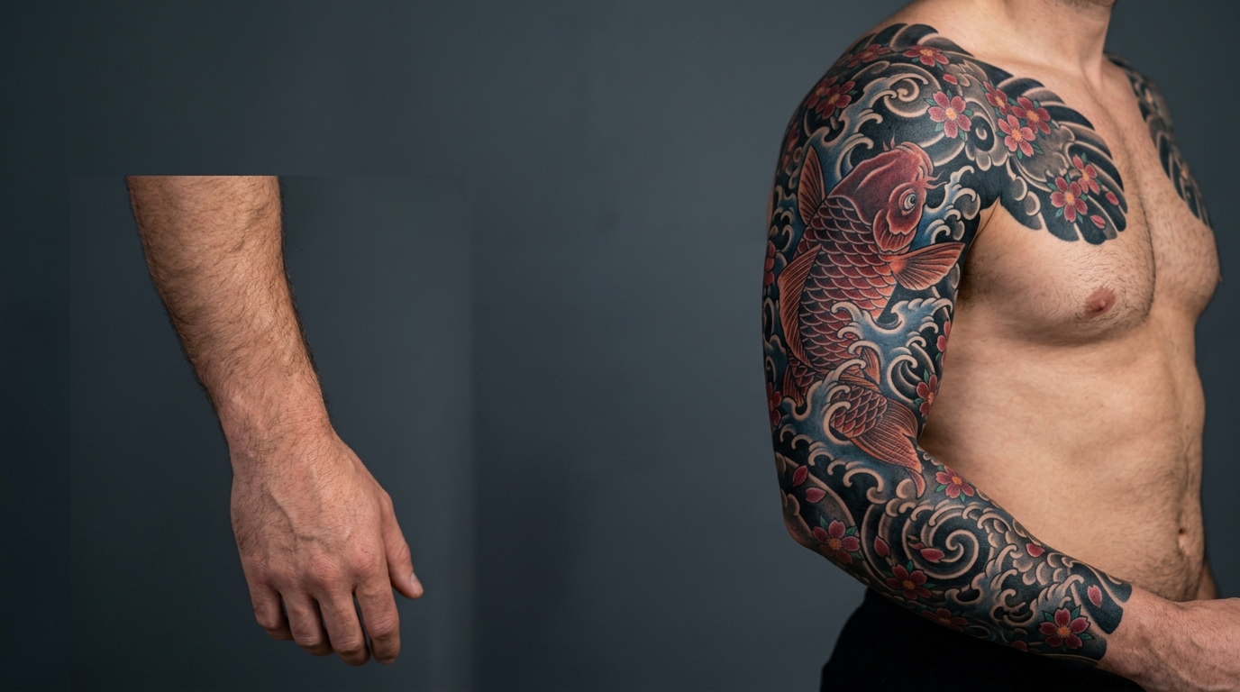 Тату рукав в японском стиле ирэдзуми — карп кои, волны, сакура