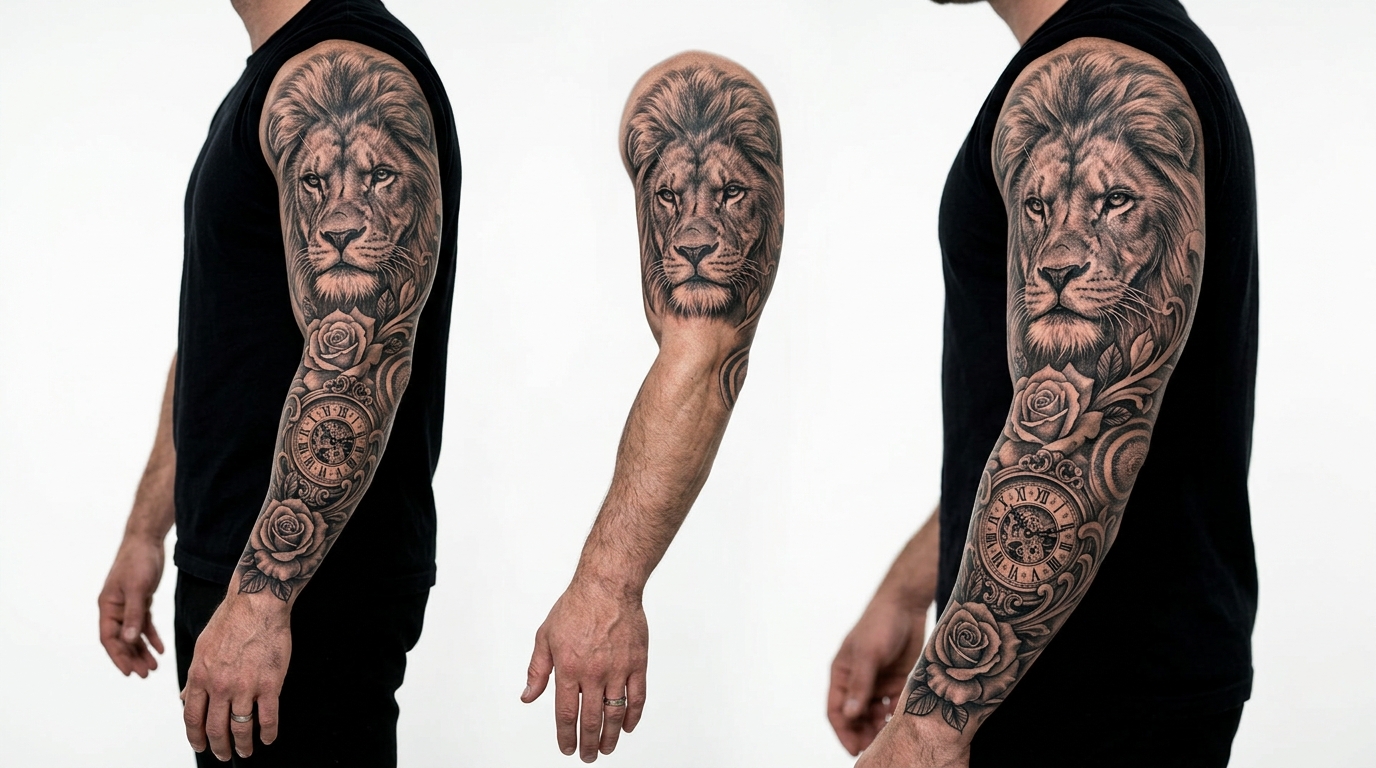 Тату рукав в стиле реализм — лев, розы и часы в чёрно-серой палитре