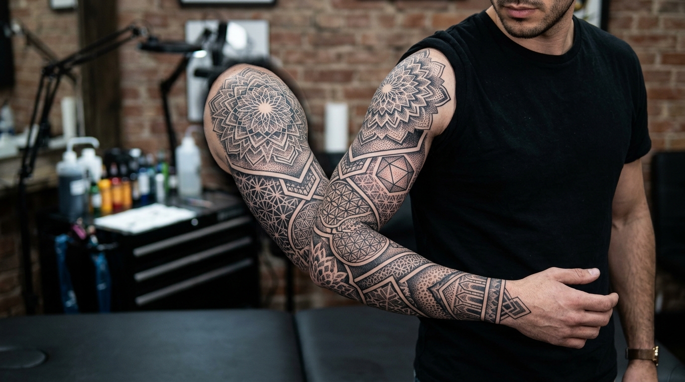 Тату рукав блэкворк — геометрические паттерны и мандалы чёрными чернилами
