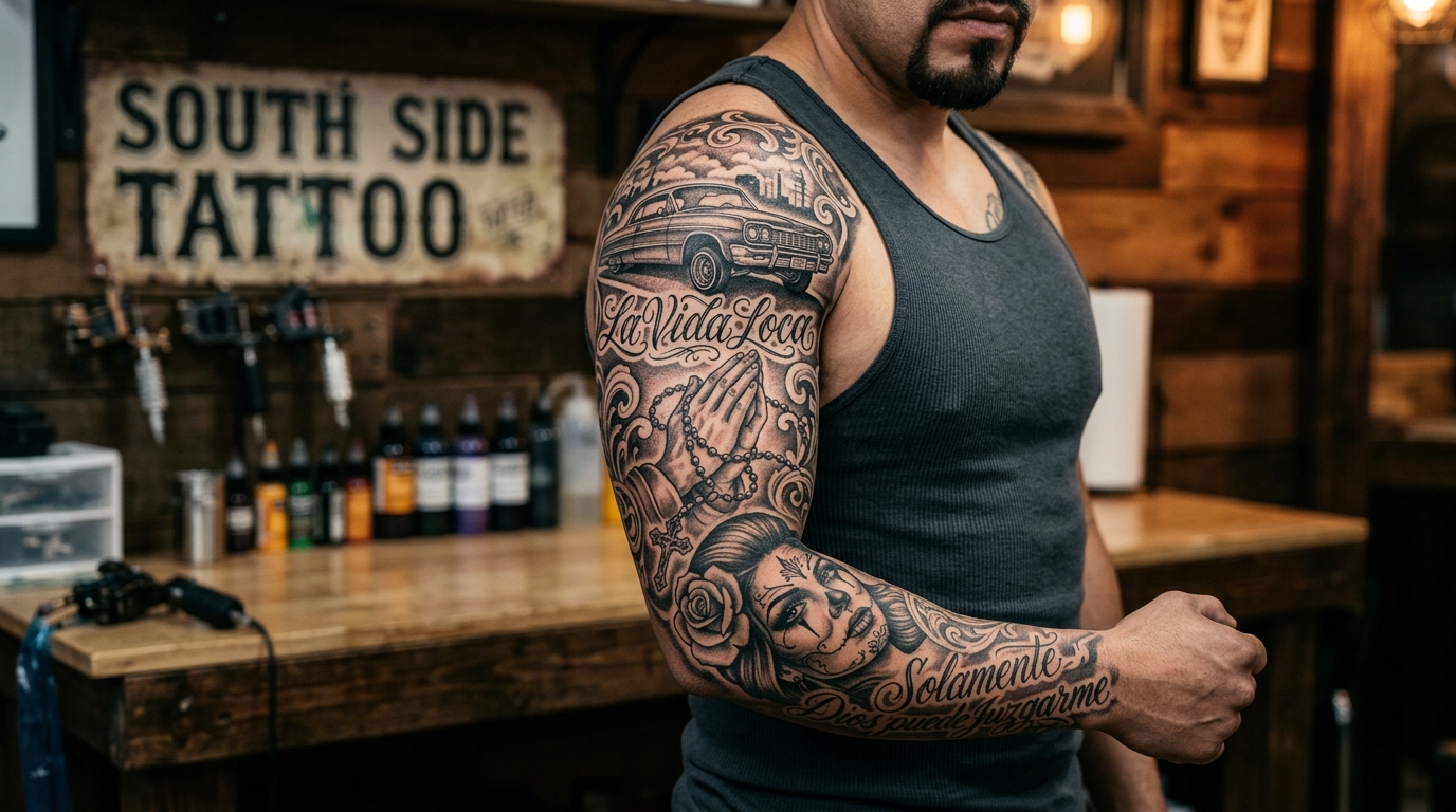 Тату рукав в стиле чикано — молящиеся руки, надписи, женский портрет