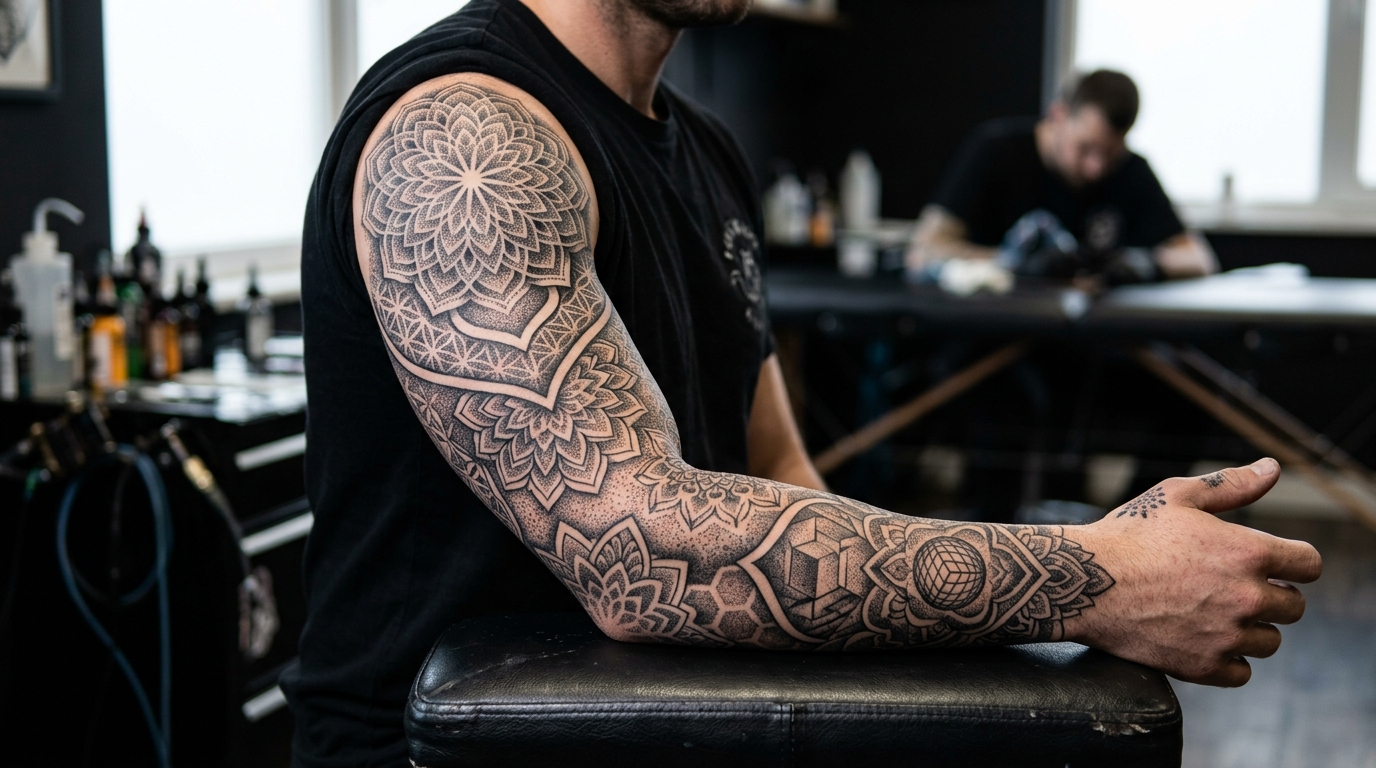 Тату рукав дотворк — узоры из точек, мандалы и градиенты