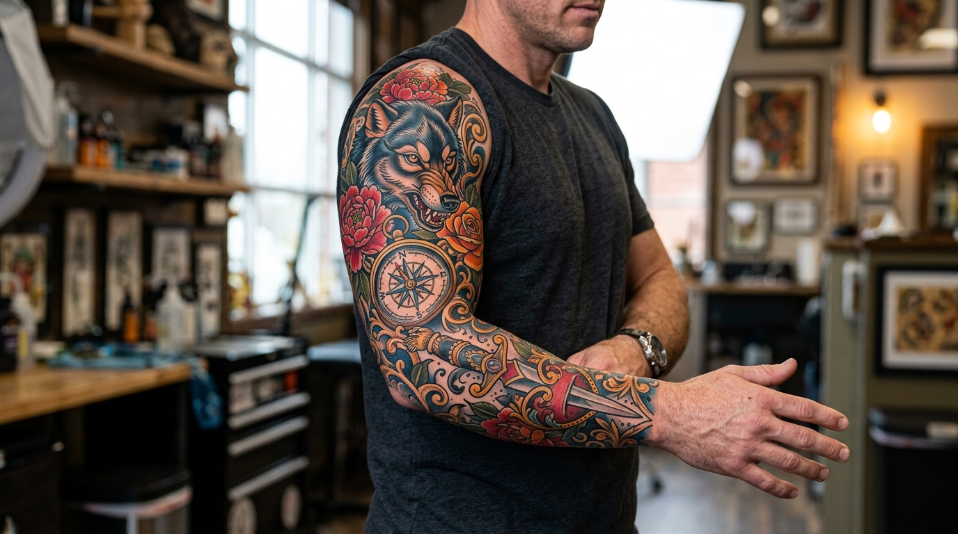 Тату рукав нео-традишнл — волк, цветы, компас в ярких цветах