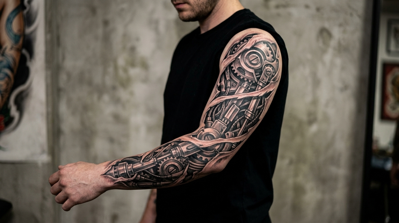 Тату рукав биомеханика — механические шестерни и поршни под кожей