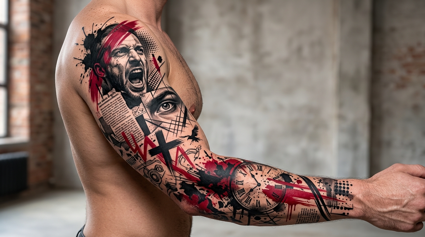 Тату рукав треш-полька — коллаж из реалистичных элементов с красными мазками