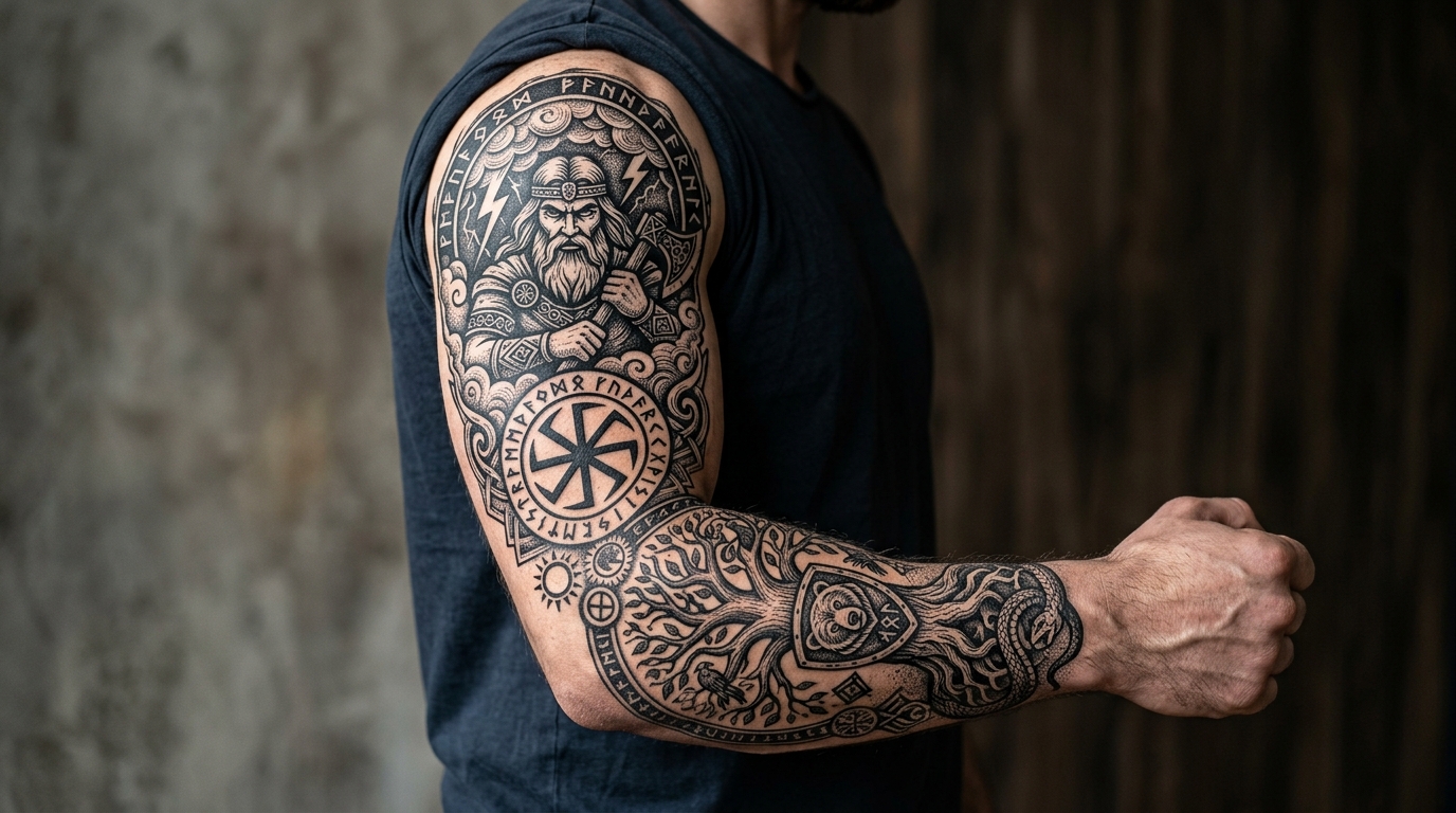 Тату рукав в славянском стиле — руны, Колядник, древо жизни, медведь