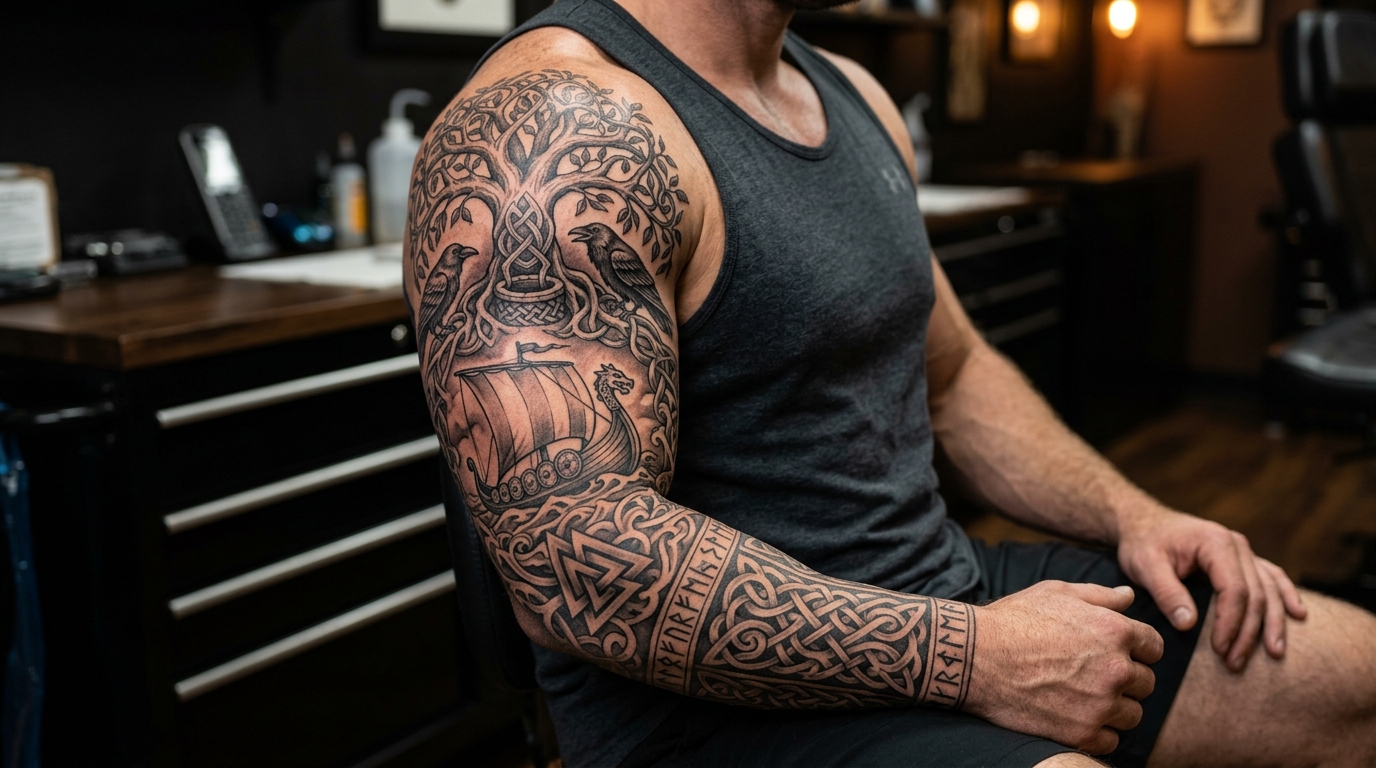 Тату рукав скандинавский — Иггдрасиль, руны, вороны Одина, драккар
