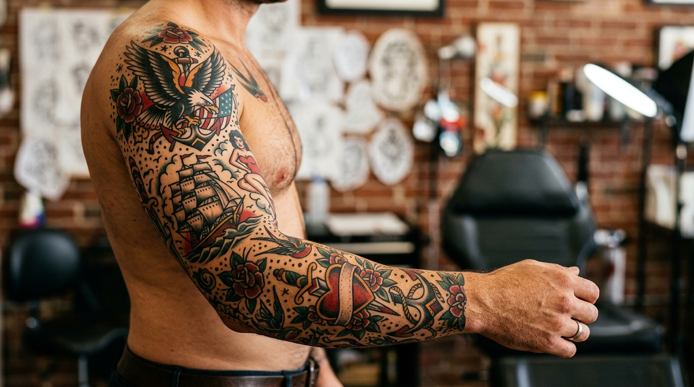 Тату рукав олдскул — якорь, орёл, сердце, кинжал в классическом стиле