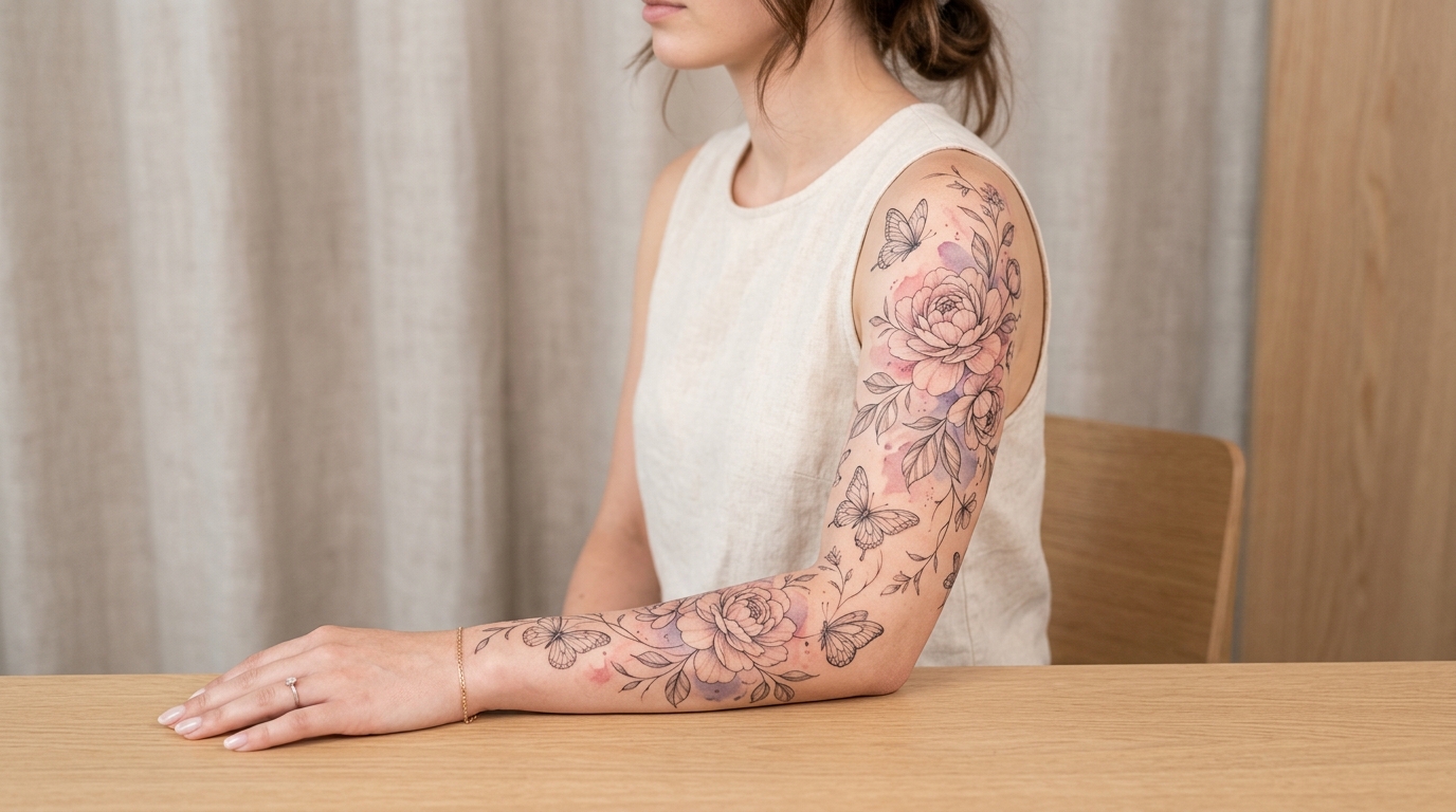 Тату рукав женский — пионы, бабочки, тонкие линии, акварельные элементы