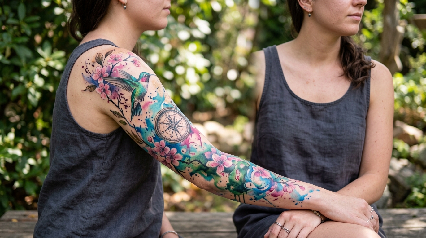 Тату рукав акварель — цветные разводы, колибри, сакура