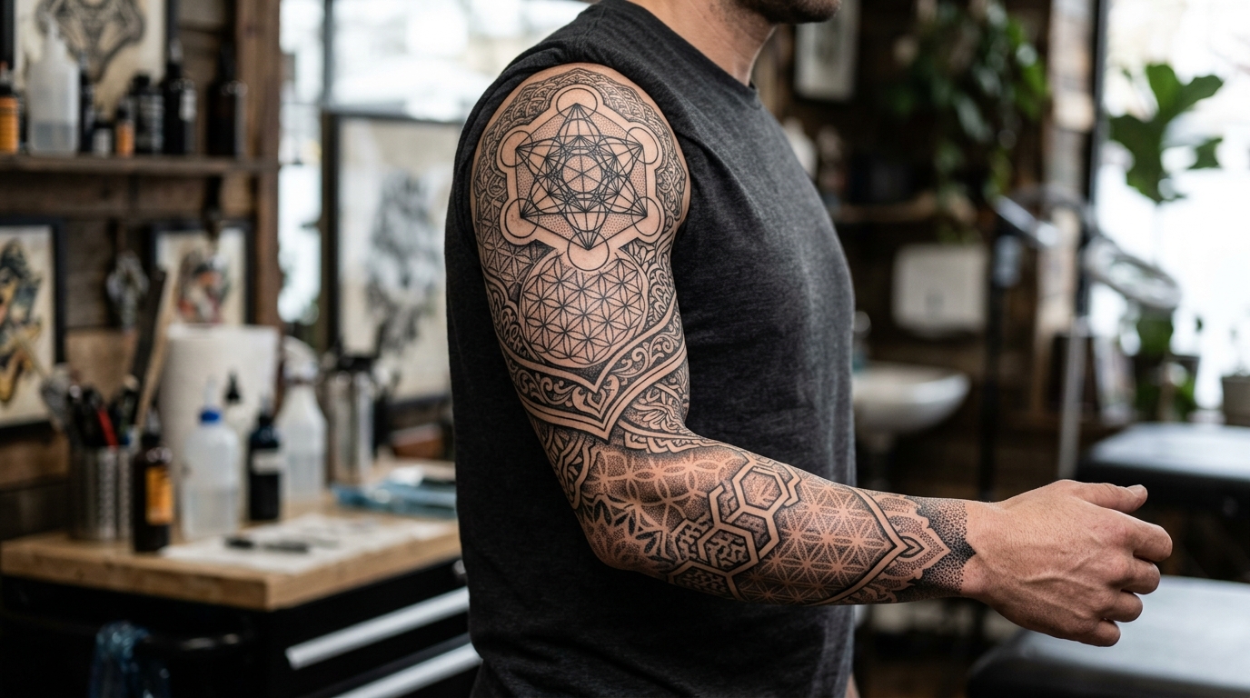 Тату рукав геометрия — сакральные паттерны, Цветок жизни, Метатронов куб