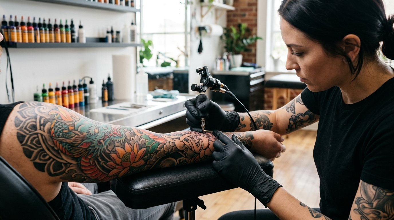 Тату-мастер работает над рукавом клиента в современной студии