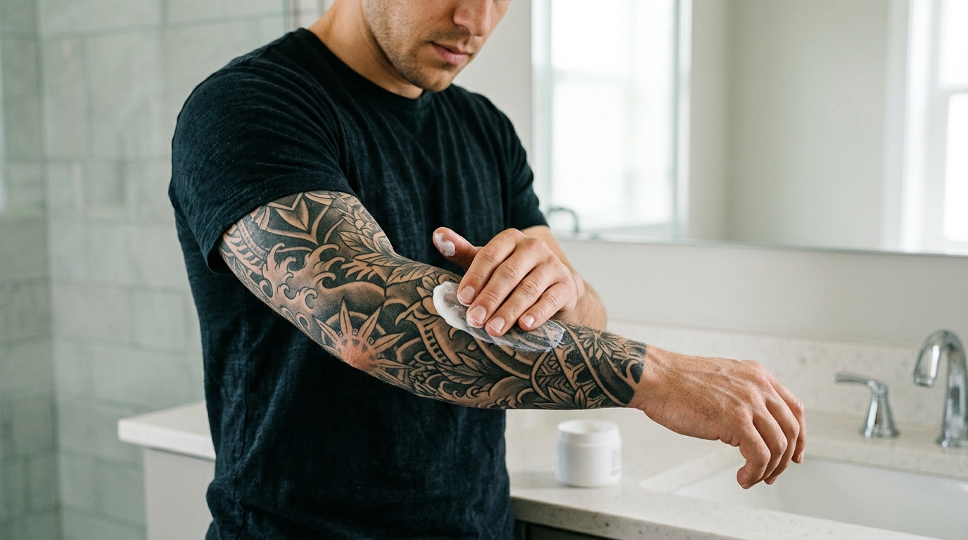 Уход за свежим тату рукавом — нанесение крема на татуированную руку