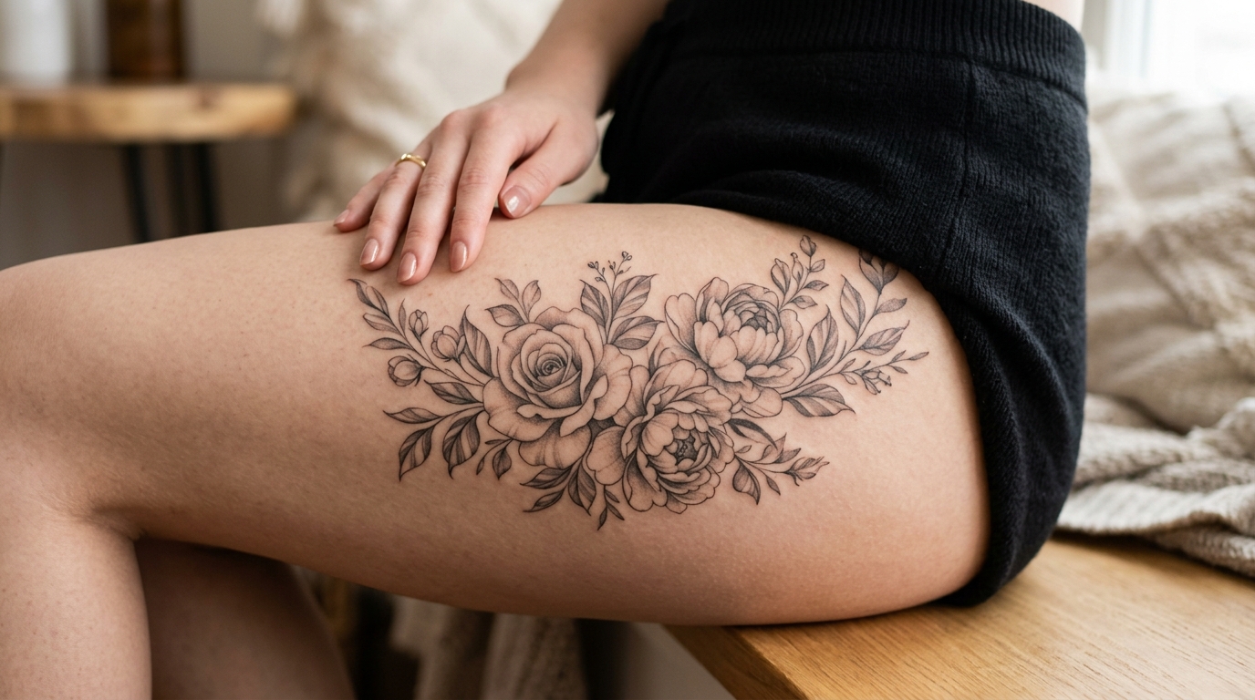 Женская тату на бедре — цветочная композиция из роз и пионов в реалистичном стиле