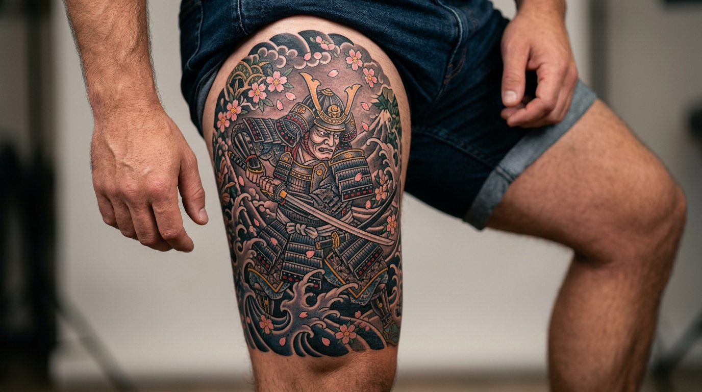 Мужская тату на бедре — самурай в японском стиле ирэдзуми