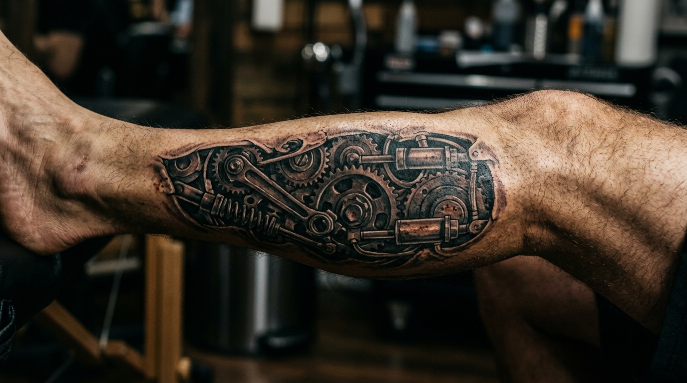 Мужская тату на икре — биомеханика с шестернями и поршнями