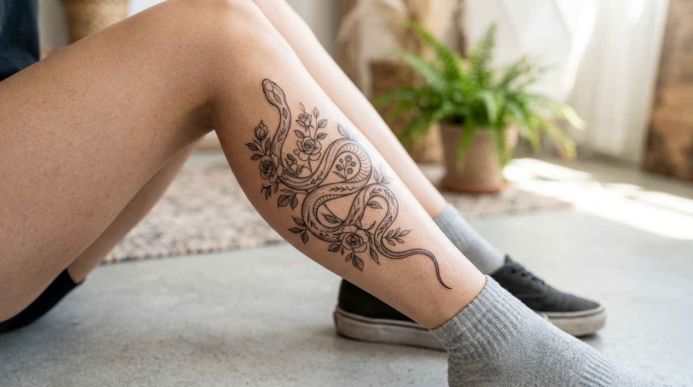 Женская тату на голени — змея с цветами в стиле лайнворк