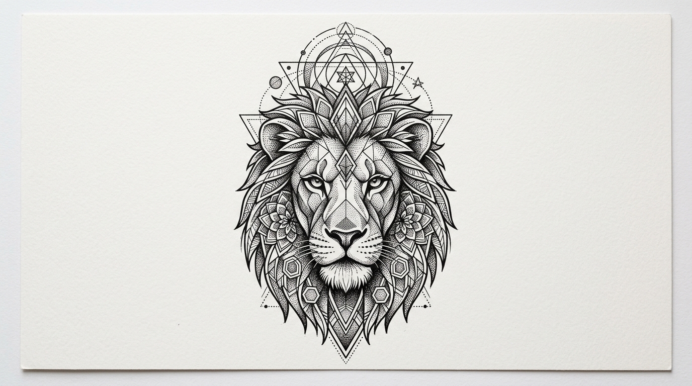 Эскиз тату льва с геометрическими элементами — блэкворк дотворк