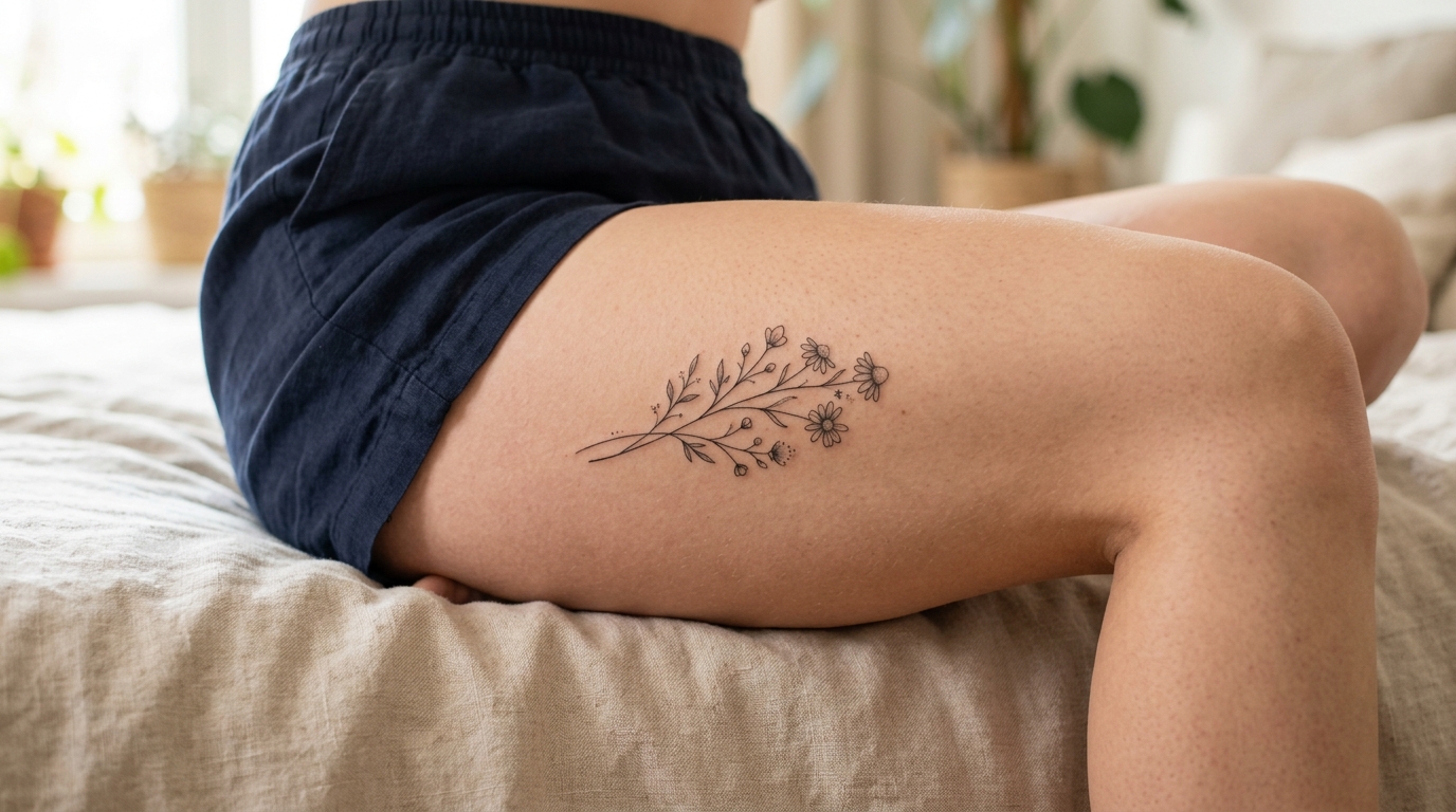 Минималистичная тату полевых цветов на женском бедре — тонкие линии