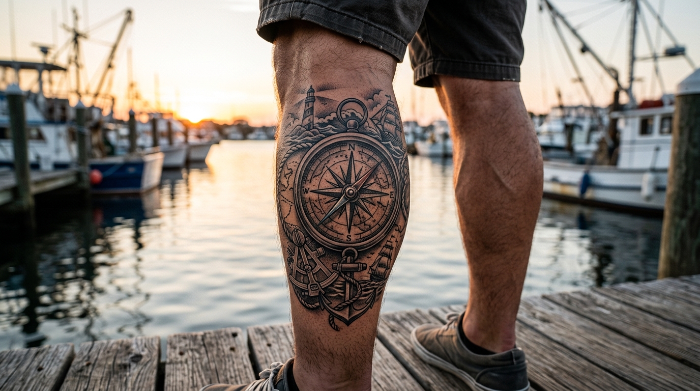 Мужская тату на икре — компас с морскими элементами