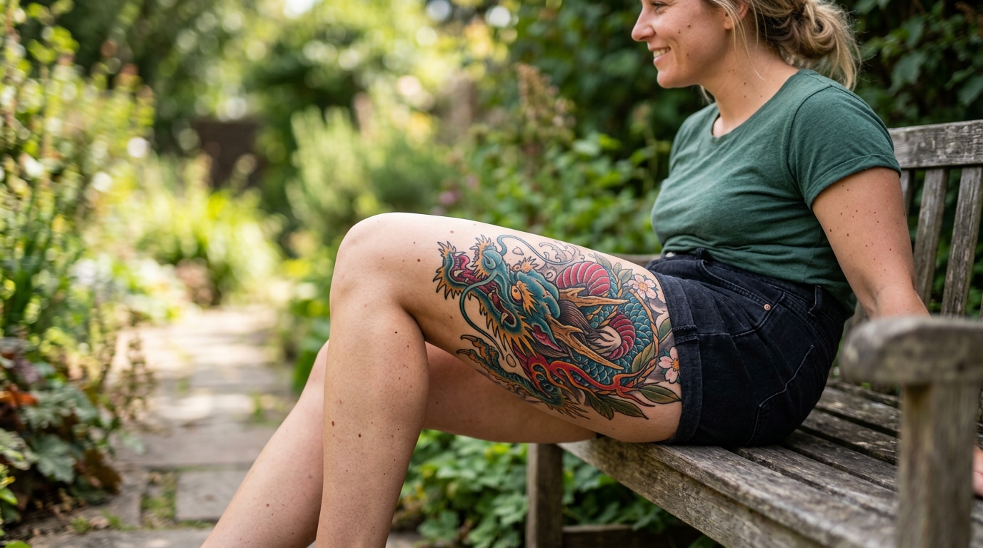 Тату дракона на бедре в стиле неотрадиция — яркие цвета и чёткие контуры