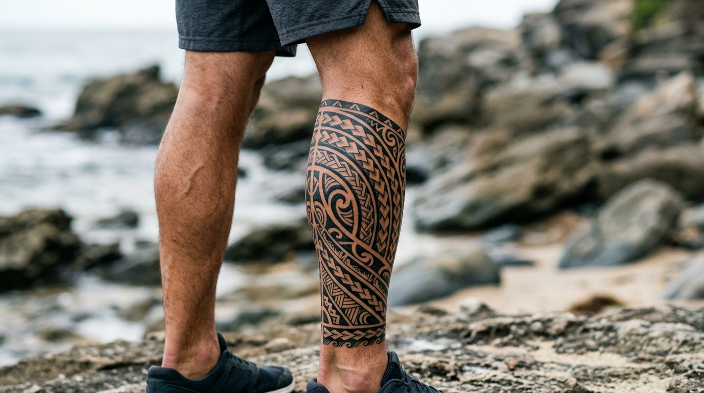 Мужская тату на голени — полинезийский трайбл орнамент