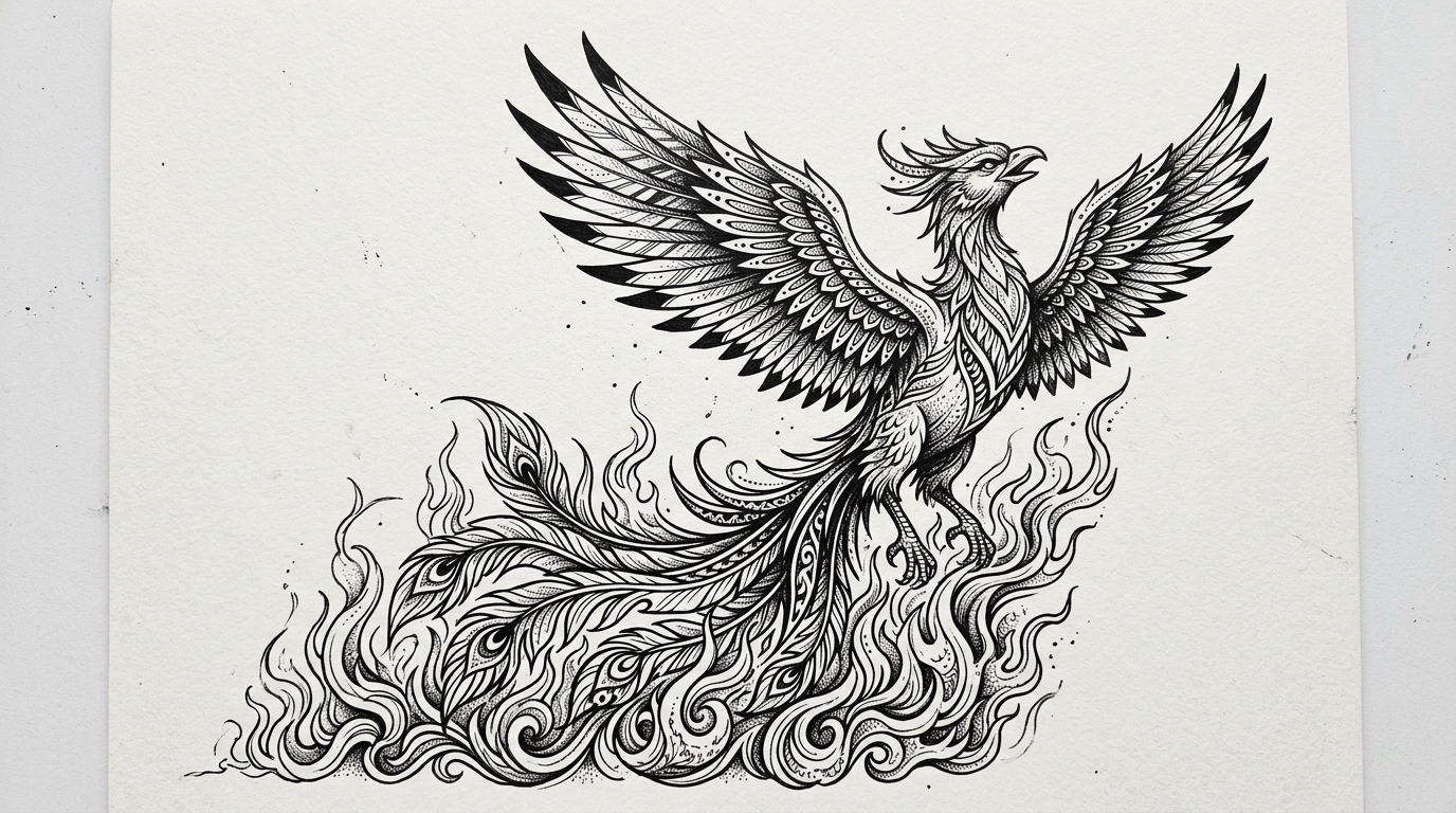 Эскиз тату феникса в стиле блэкворк — чёрные линии на белом фоне