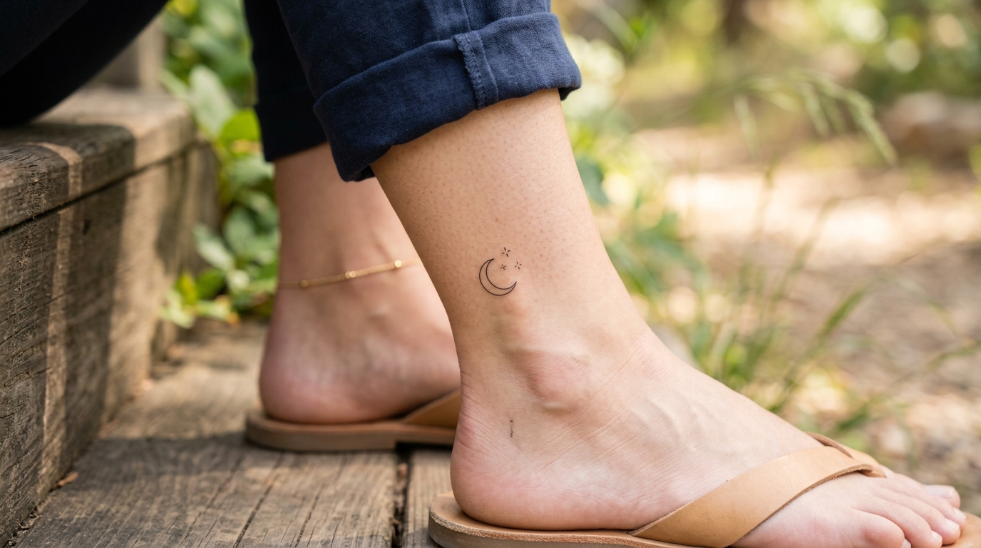 Минималистичная тату на щиколотке — полумесяц и звёзды тонкими линиями