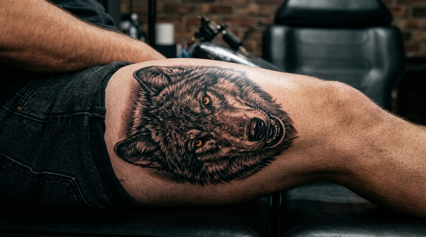 Мужская тату на бедре — реалистичный портрет волка