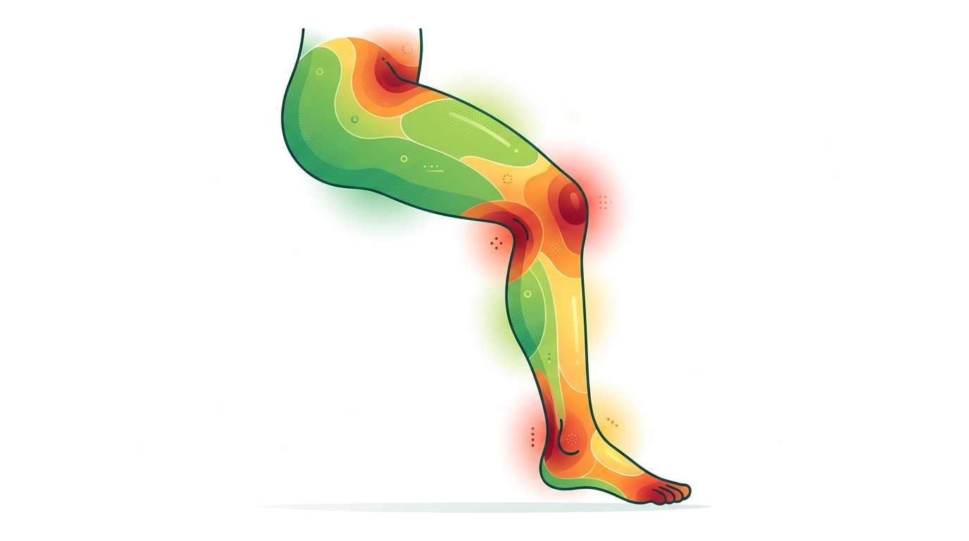 Карта болезненности тату на ноге — от зелёного (минимальная боль) до красного (сильная боль)