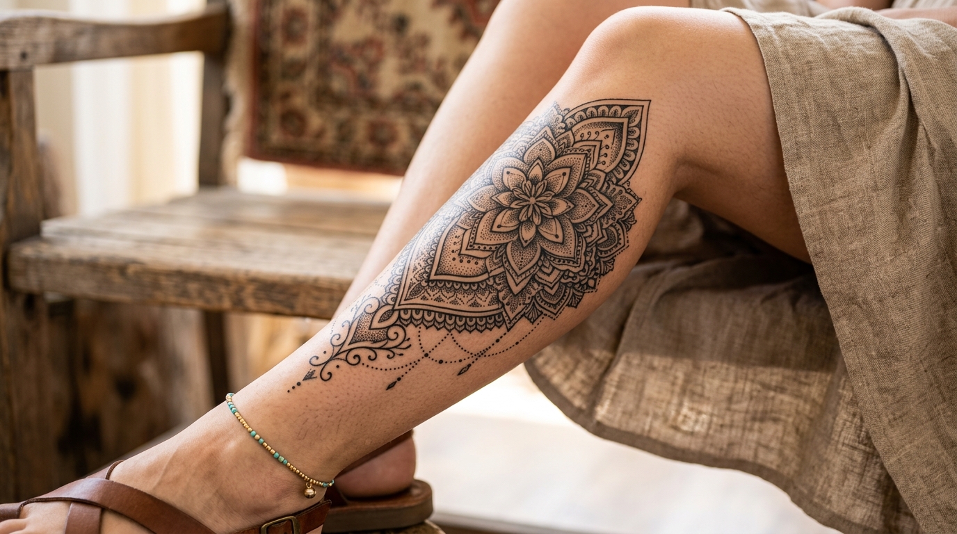 Женская тату на икре — мандала в стиле дотворк