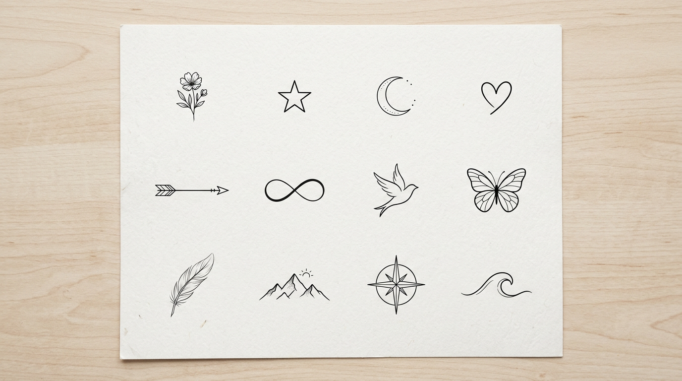 Флеш-лист с эскизами маленьких тату: цветок, звезда, луна, сердце, стрелка, бесконечность, птица, бабочка, перо, горы, компас, волна
