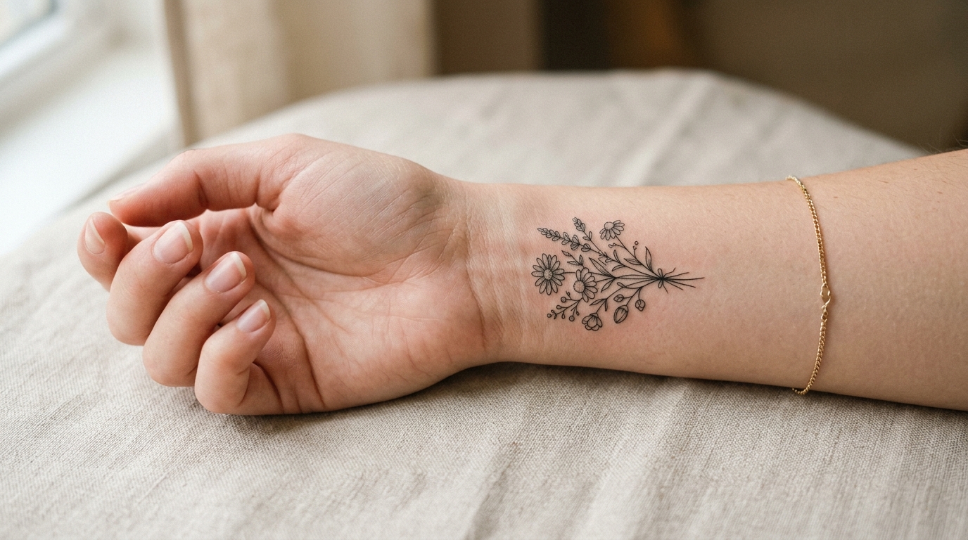 Маленькая тату в виде букета полевых цветов на внутренней стороне запястья