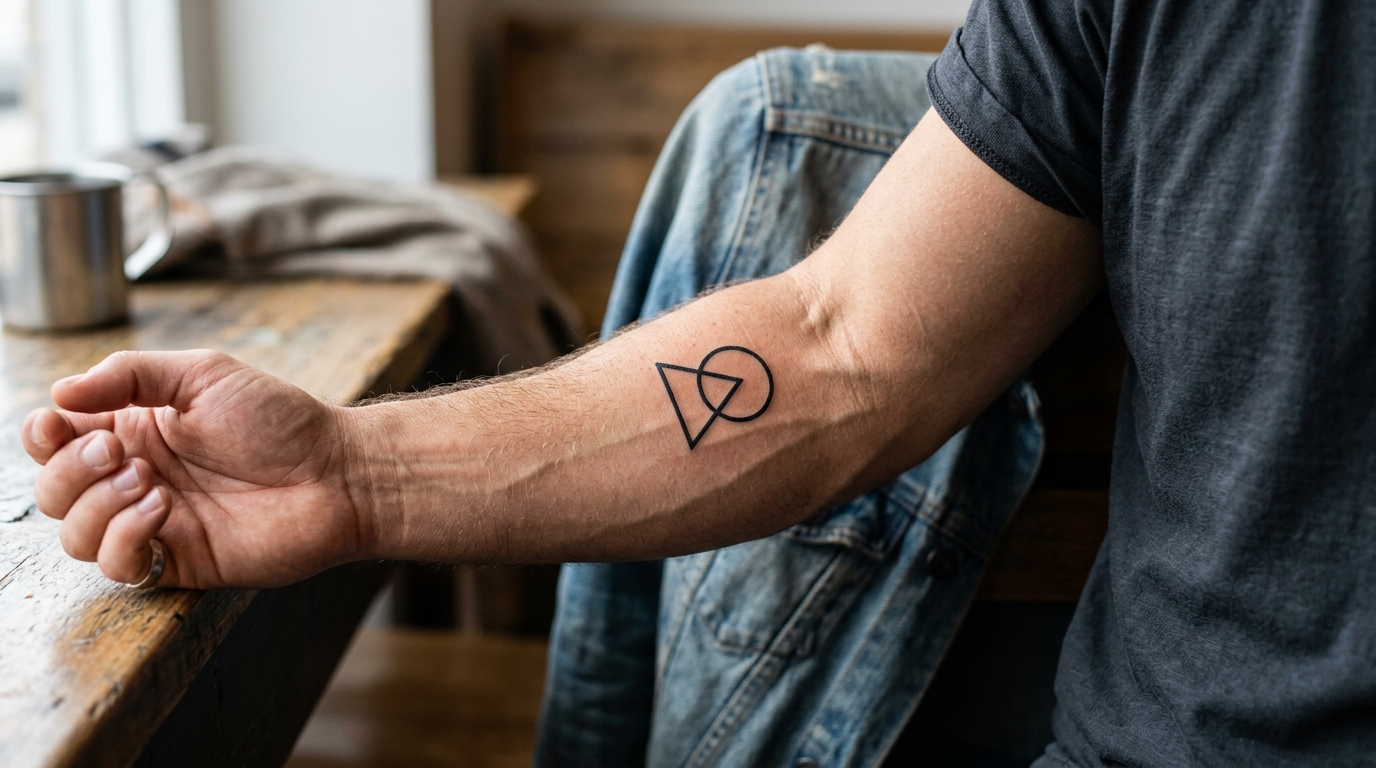 Маленькая геометрическая тату на предплечье мужчины: треугольник и круг