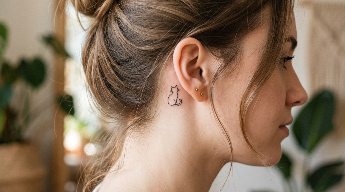 Маленькая тату кошки за ухом девушки