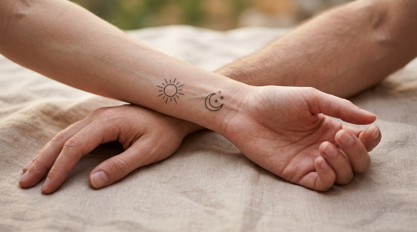 Парные маленькие тату на запястьях: солнце и луна