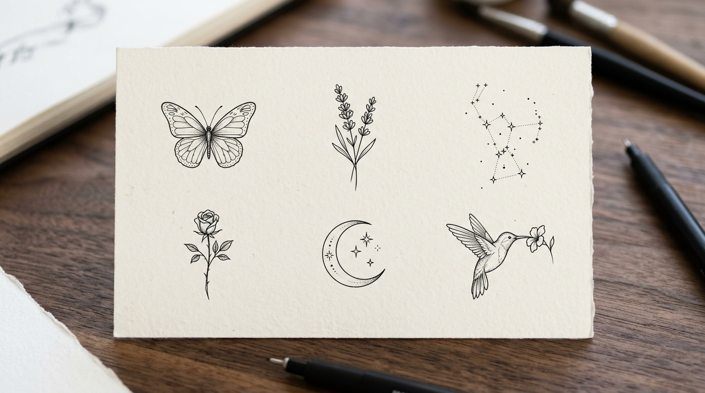Эскизы маленьких тату для девушек: бабочка, роза, полумесяц, созвездие, колибри, лаванда