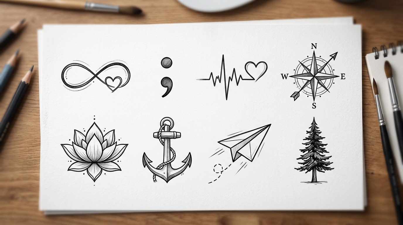 Эскизы маленьких тату со смыслом: бесконечность, компас, лотос, точка с запятой, линия пульса, якорь, бумажный самолёт, сосна