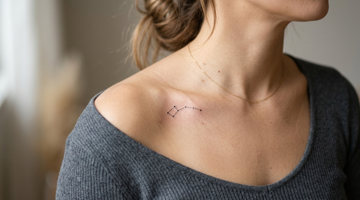 Маленькая тату-созвездие на ключице девушки