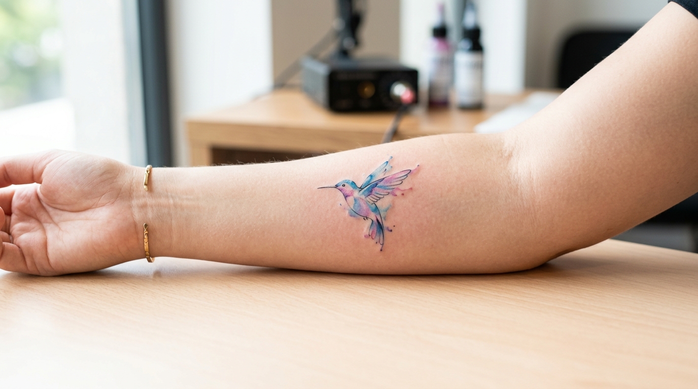Маленькая акварельная тату колибри на предплечье
