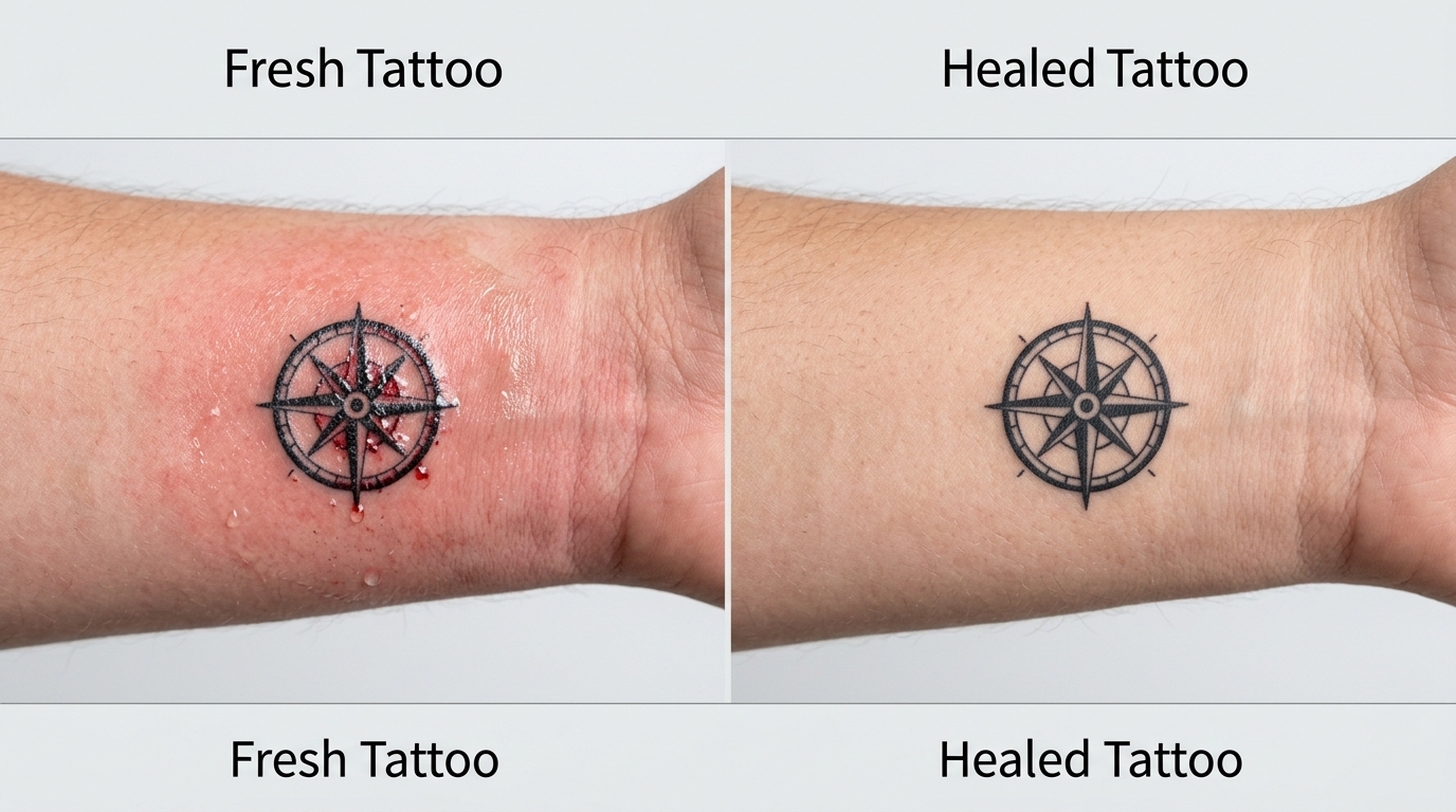 Этапы заживления маленькой тату: свежая работа и заживший результат