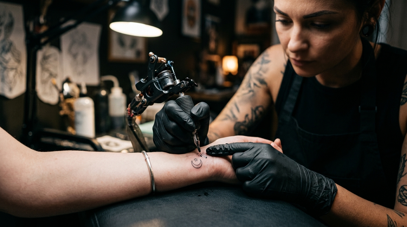 Тату-мастер наносит маленькую тату на запястье клиента