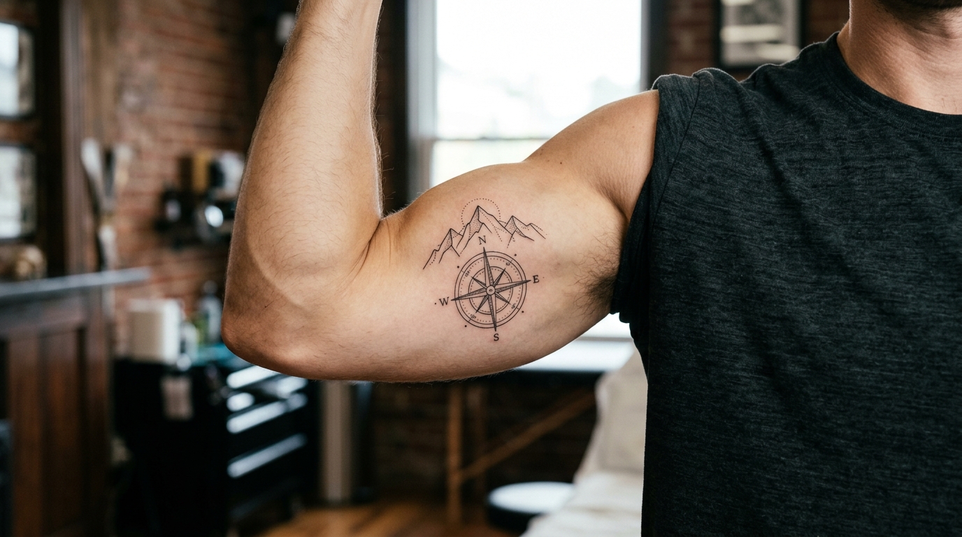 Маленькая тату горного хребта и компаса на бицепсе мужчины